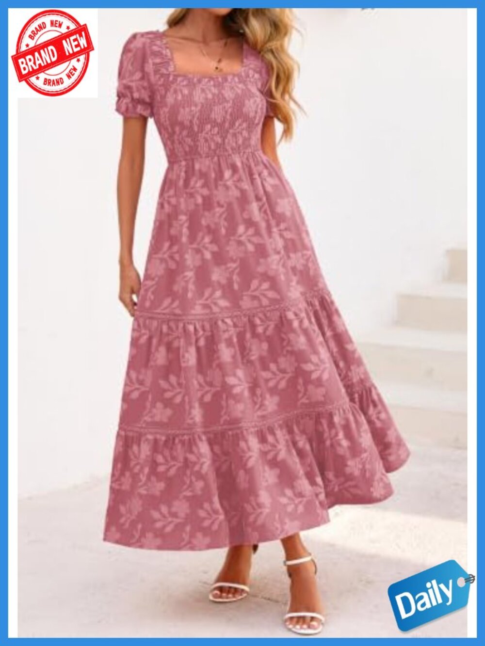 Women's Boho Floral Maxi Dress Square Neck Smocked Ruffle A-Line Short Sleeve - Picture 4 of 6